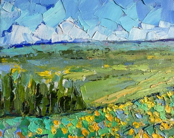 Field of Sunflowers Oil Painting, Ukrainian Landscape Art (11.8x15.7 in)