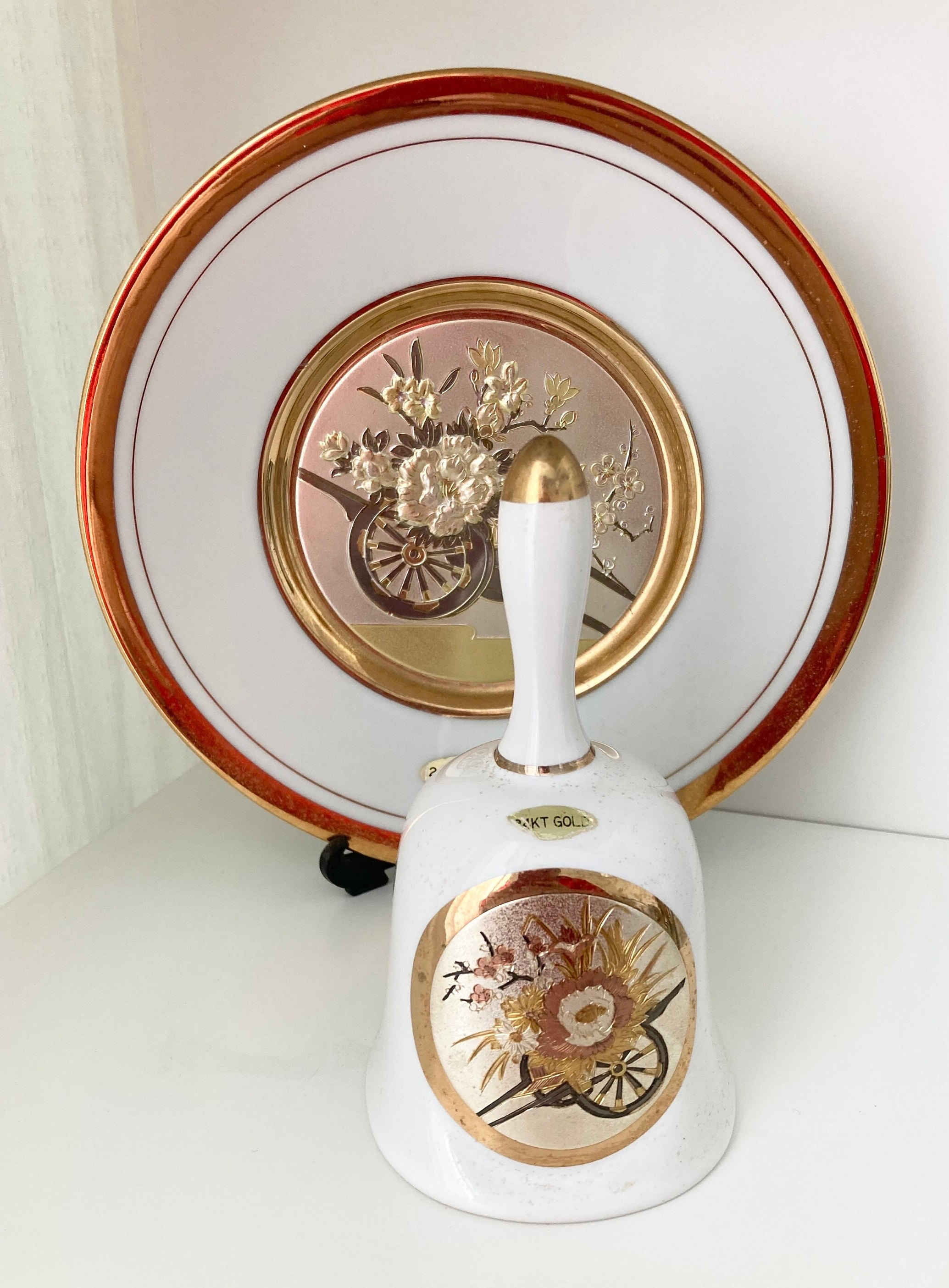 Chokin Art Plate & Bell Set, Japanese Ceramic, 24K Gold Edged - Etsy