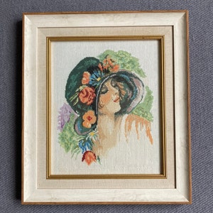 Lady in a Hat with Flowers  Finished Completed Cross Stitch Girl with Fancy Hat Lady Boss Unique Gift Vintage Gift Idea for Her Needlecrafts