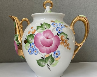 Russische Große Floral Teekanne mit Gold Vergoldung-Handgefertigte Keramik Schönheit-Handbemalte Rinder mit Rosa Rosen-Antikes russisches Porzellan