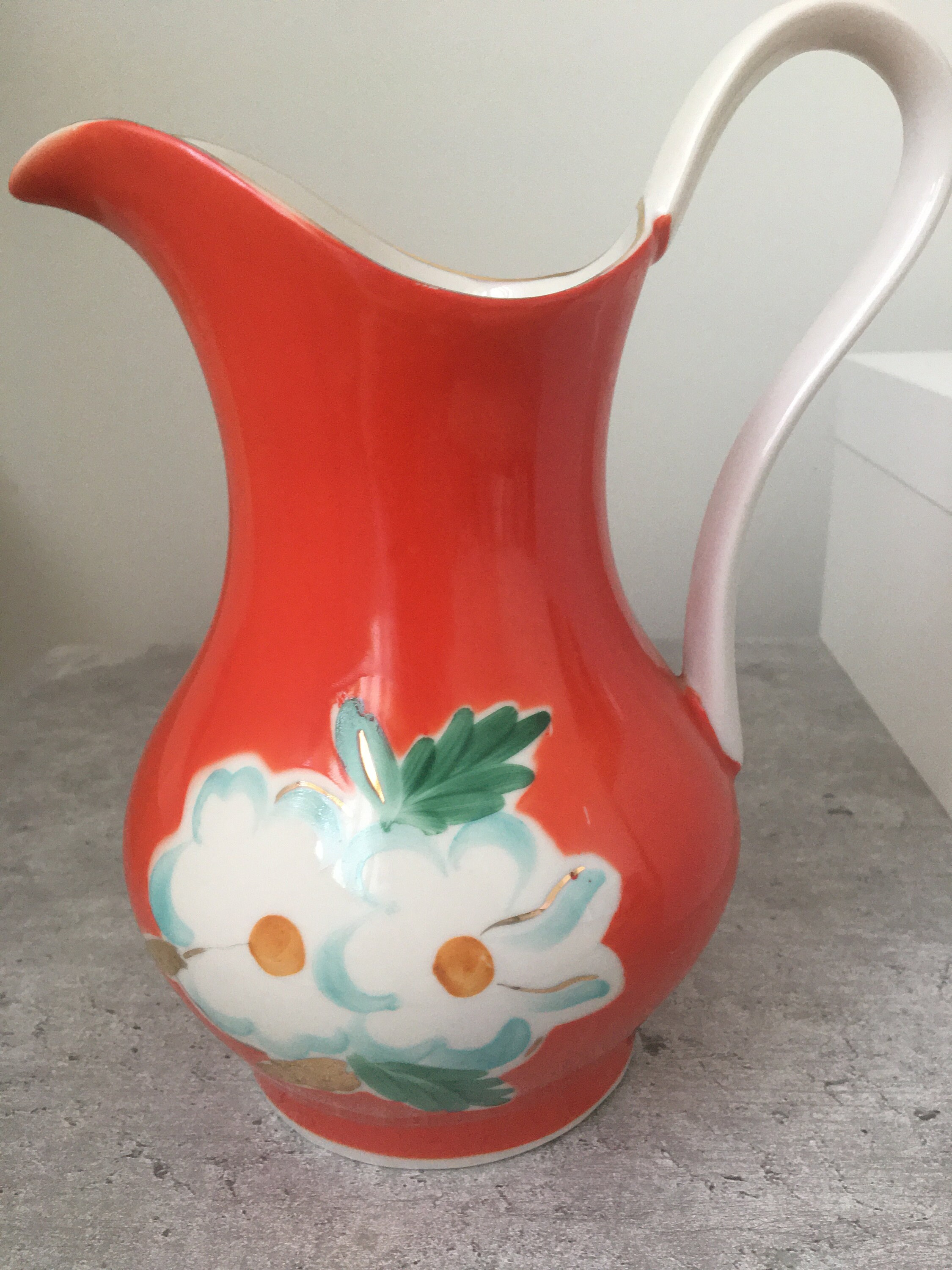 Porcelain Red Pitcher Vase with Hand Painted White Flowers Etsy
