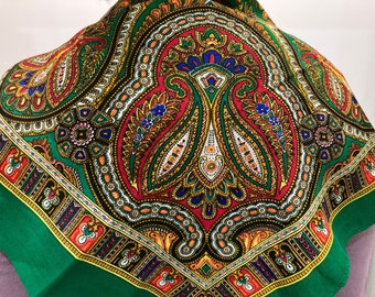 Unused Vintage Folk Square Shawl Slavic Scarf Green Scarf Russian Style