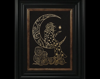 Mulher e lua celestial — Impressão de arte de parede em papel alumínio místico, pôster espiritual, decoração de bruxa, presente para bruxa