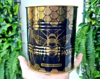 Bumble Bee Storage Tin Decorative Plant Pot, Vintage Decorative Golden Honey Small Plant Pot Cover