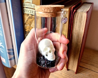 Human Skull Mini Curio Bottle, Gothic Decor Apothecary Jar