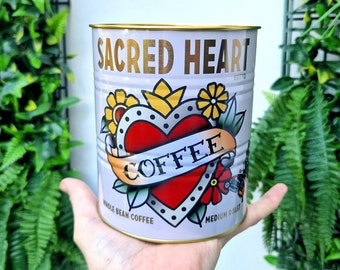 Sacred Heart Tattoo Indoor Plants Vintage Storage Tin, Sailor Coffee Can Small Decorative Plant Pot