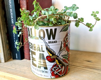 Swallow Sailor Tattoo Style Tin Indoor Plant Pot, Tea Lover Gift Small House Planters