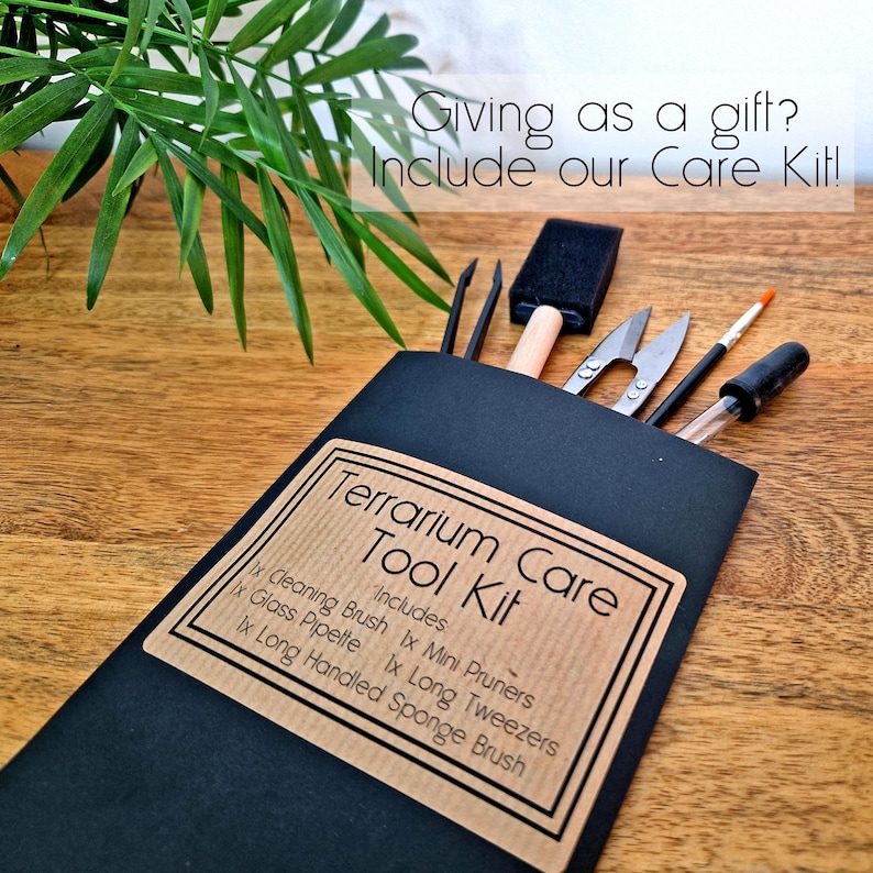 May include: A black terrarium care tool kit with a brown label that reads "Terrarium Care Tool Kit." The kit includes a cleaning brush, mini pruners, glass pipette, long tweezers, and a long-handled sponge brush. The text "Giving as a gift? Include our Care Kit!" is also visible.