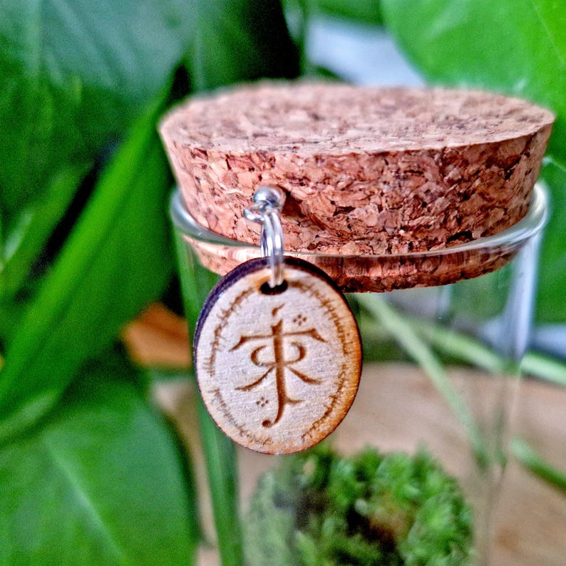 May include: A small glass jar with a cork stopper and a wooden charm. The charm is round with a carved design and hangs from a silver-colored metal loop. The jar contains green moss.