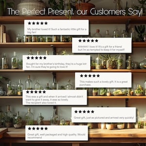 May include: Image of a wooden shelf filled with glass terrariums and plants. Text at the top reads "The Perfect Present, our Customers Say!" Below are customer reviews with 5-star ratings, praising the gift's quality and appeal. The reviews highlight the gift's suitability for various recipients.