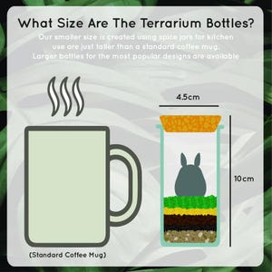 May include: An illustration comparing a terrarium bottle to a standard coffee mug. The terrarium bottle is 4.5cm wide and 10cm tall. The bottle contains a cartoon character and layers of soil. Text reads "What Size Are The Terrarium Bottles?"