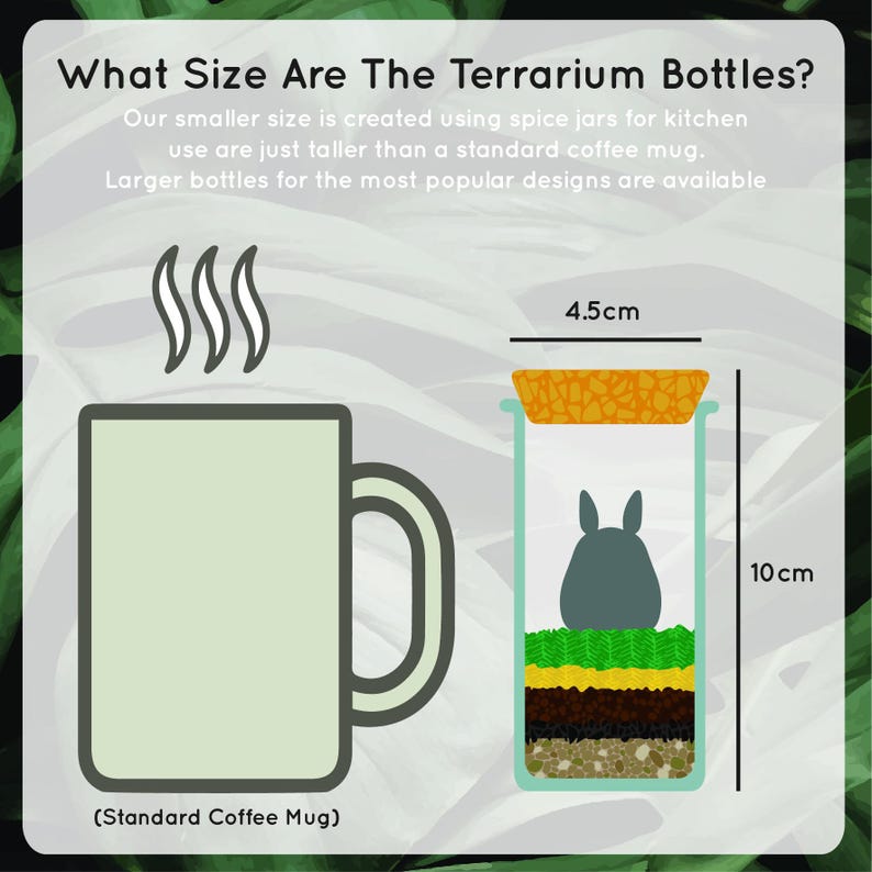 May include: An illustration comparing a terrarium bottle to a standard coffee mug. The terrarium bottle is 4.5cm wide and 10cm tall. The bottle contains a cartoon character and layers of soil. Text reads "What Size Are The Terrarium Bottles?"