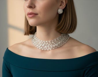 Art Deco Style Glass Bead Multi Strand Bib Necklace And Earrings Set