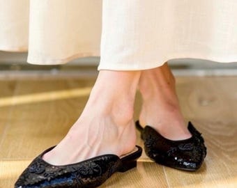 Report Black Beaded & Sequined Mules With Bamboo Insole