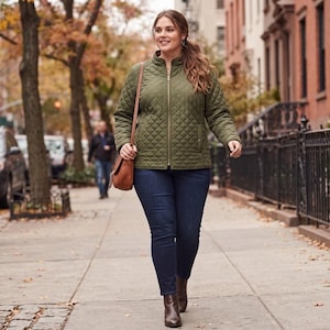 May include: An olive green quilted jacket with a full-length gold zip, a stand-up collar, and long sleeves. The jacket is paired with dark blue denim jeans and a brown leather crossbody bag with a thin strap, worn over the shoulder.
