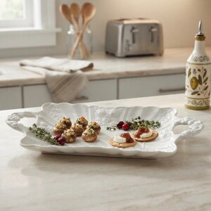 Vintage CWC Italian Ceramic Serving Platter with Handles | White Embossed Scalloped Rectangular Tray 13.25" | Made in Italy Serveware