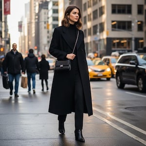 May include: A long black coat worn over a black turtleneck sweater and black trousers, paired with black ankle boots and a small black shoulder bag with a silver chain strap. The outfit is monochromatic and features a structured, tailored silhouette.