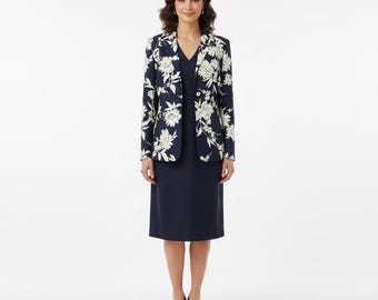 Liz Claiborne Navy And White Silk & Linen Dress Suit Set Sz 8