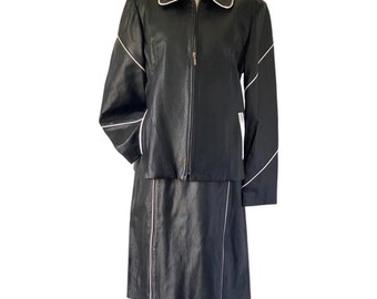 Vintage DC Collection Black Leather Skirt Suit With White Piping