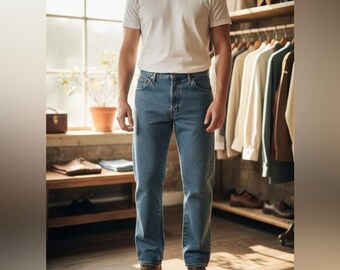 Herren-Denim im 90er-Jahre-Stil, helle Waschung, lockere Passform, schmal zulaufendes Bein, Größe 36