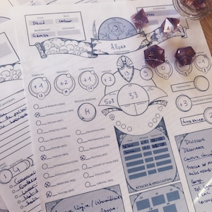 May include: A tabletop role-playing game character sheet with handwritten notes and dice. The sheet features character attributes, skills, and spellcasting details. Several purple and gold dice are scattered around the sheet, ready for gameplay.
