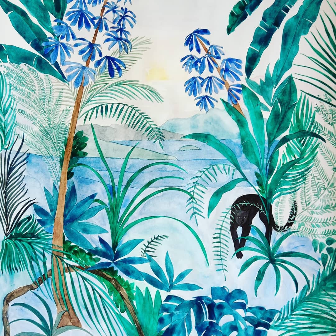 Peinture Originale 60x50cm Merveilleuse Jungle Bleue Imaginaire, Série Jungles Rêvées
