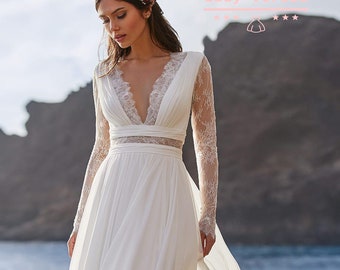 SALE IN STOCK Bohemian elegant Lace Wedding  Dress /Beach wedding dress /bridal gown/ bohemian lace dress/ long sleeve lace dress