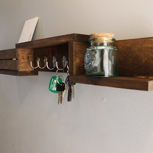Rustic Entryway Organizer: Pine Shelf with Key Hooks & Mail Holder