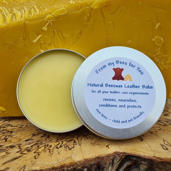 100 % Natural Beeswax and Shea Butter Leather Balm revives, nourishes, conditions and protects your leather. Child and Pet friendly 50g tin