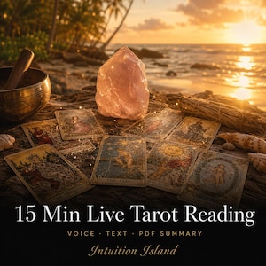 May include: A rose quartz crystal, tarot cards, and a singing bowl are arranged on a wooden surface. The cards are spread out, with the text "The Star" and "The Sun" visible. The image includes the text "15 Min Live Tarot Reading" and "Intuition Island".