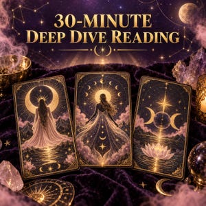 May include: Three rectangular tarot cards featuring celestial illustrations of figures, moons, and lotus flowers in gold and purple tones. The text 30-MINUTE DEEP DIVE READING is displayed in gold lettering at the top against a dark, starry background.