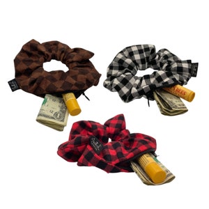 Scrunchie With Zipper Pocket | Stash Scrunchy | Brown Checkered Hair Tie | Red Checkered Pouch Scrunchie | Black White Zipper Hair Accessory