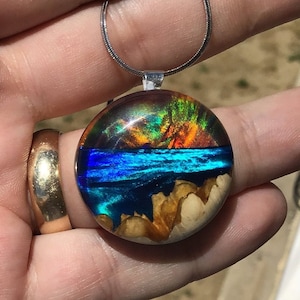 SUNSET SEA NECKLACE | Aurora Borealis Opal Necklace | Valentines Day Gift | Northern Lights Mountain Pendant|5th Anniversary Gift| Fire Opal