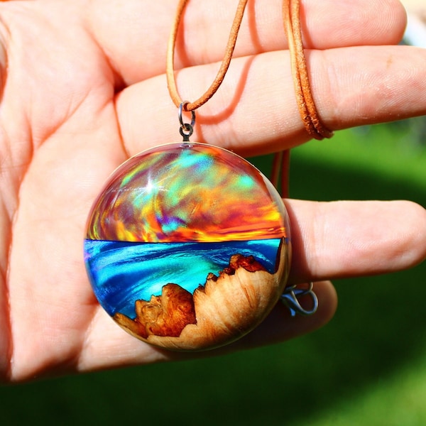 FIRE OPAL NECKLACE | Aurora Opal Pendant | Birthday Gift For Her | Sunset Sea Mountain Necklace | Red Opal Pendant | Blue Opal Necklace