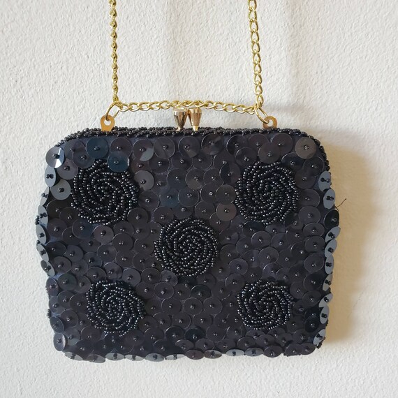 Vintage Beaded Sequin Evening Bag Purse Black - image 2