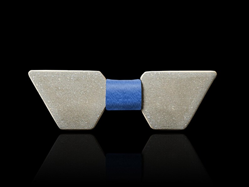 May include: A silver bow tie with a blue band in the centre. The bow tie is made of two triangular pieces.