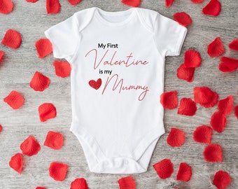 Personalized Valentine Baby Grow 09 My First Valentine Is My Mummy Black and Red Glitter - Baby Grow - Personalized Baby Vest Novelty Gift