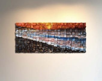 Handmade Sunset Wood Mosaic Wall Art – 3D Geometric Sculpture