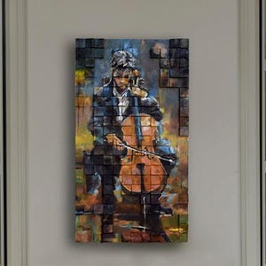 The cellist Wood Painting Art - 3D Abstract Wall Art, Unique Wood Mosaic Sound Diffuser, Living Room Wall Hanging Decor