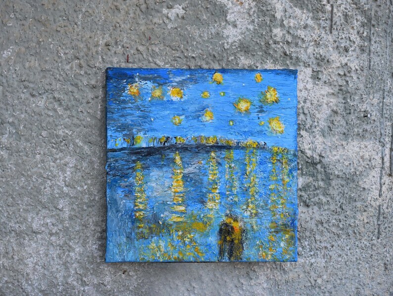 Textured painting : The Starry Night.
It's a textured painting with acrylics and stucco on canvas.
An alternativity way to present  the paint of a "Starry Night Over The Rhone" of Vincent Van Gogh.