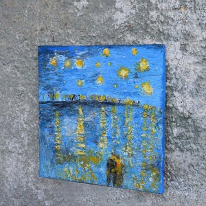 Textured painting : The Starry Night.
It's a textured painting with acrylics and stucco on canvas.
An alternativity way to present  the paint of a "Starry Night Over The Rhone" of Vincent Van Gogh.