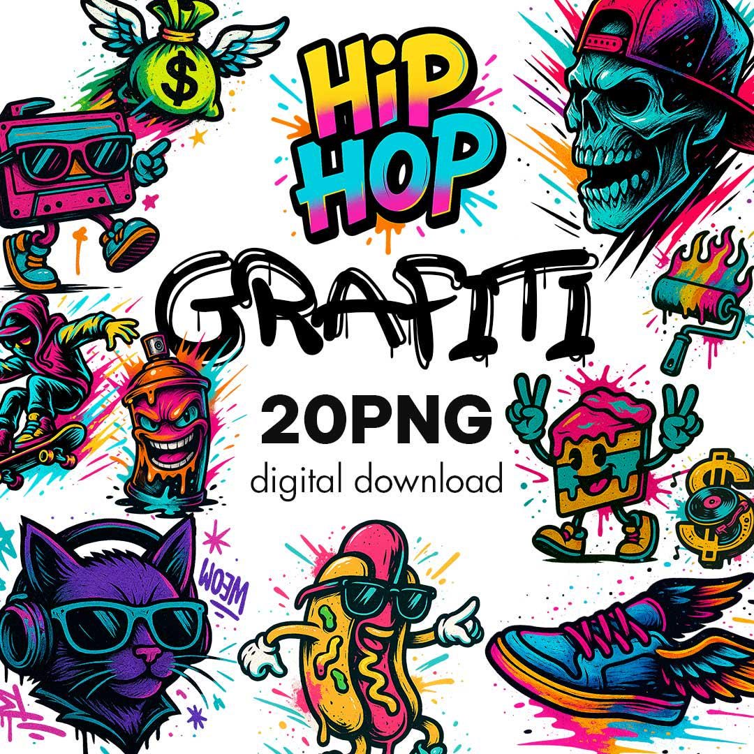 Graffiti Clipart Pack: 20 Urban Street Art PNG Graphics (digital ...