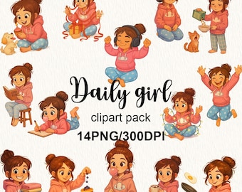 Mysig tjej Clipart-paket: Livsstilsillustrationer, Planner Stickers (digital nedladdning)