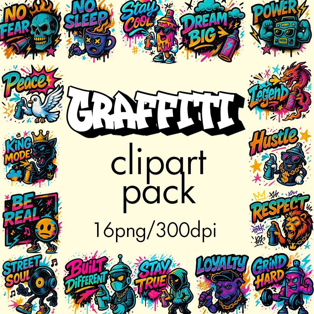 Graffiti Clipart Pack: 16 Urban Street Art PNG Graphics (digital ...
