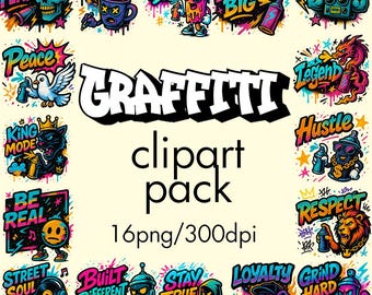 Graffiti Clipart Pack: 16 Urban Street Art PNG Graphics (Digital Download)