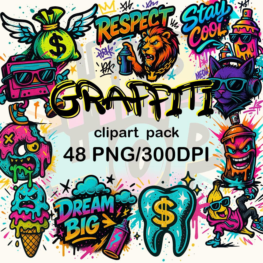 Graffiti Clipart Pack: 48 Urban Street Art PNG Graphics (digital ...