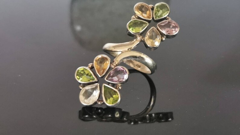 Flower Gemstone Ring, Sterling Silver Floral Jewelry, Statement Ring ...