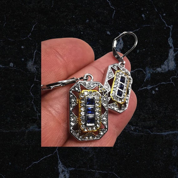 Gorgeous Rectangular Cubic Zirconia & Sapphire Dr… - image 4