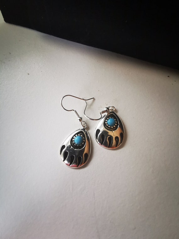 Sterling Silver Navaho Bear Paw Turquoise Drop Ea… - image 4