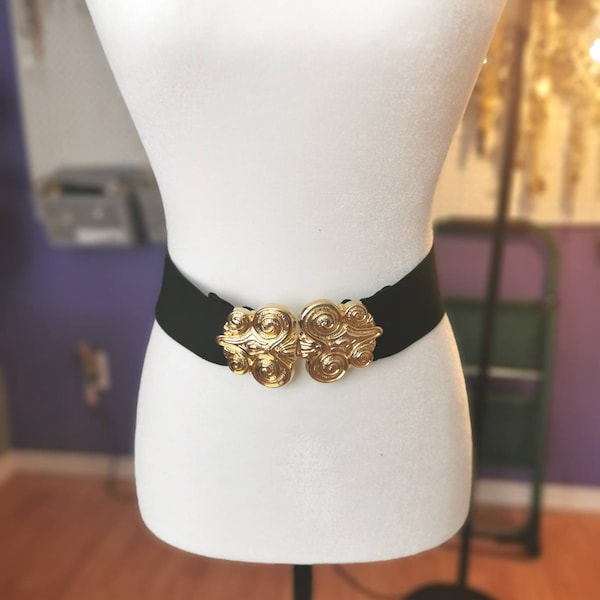 Black Elastic Belt | 1980's Wide Stretch | Gold Tone Butterfly Buckle |